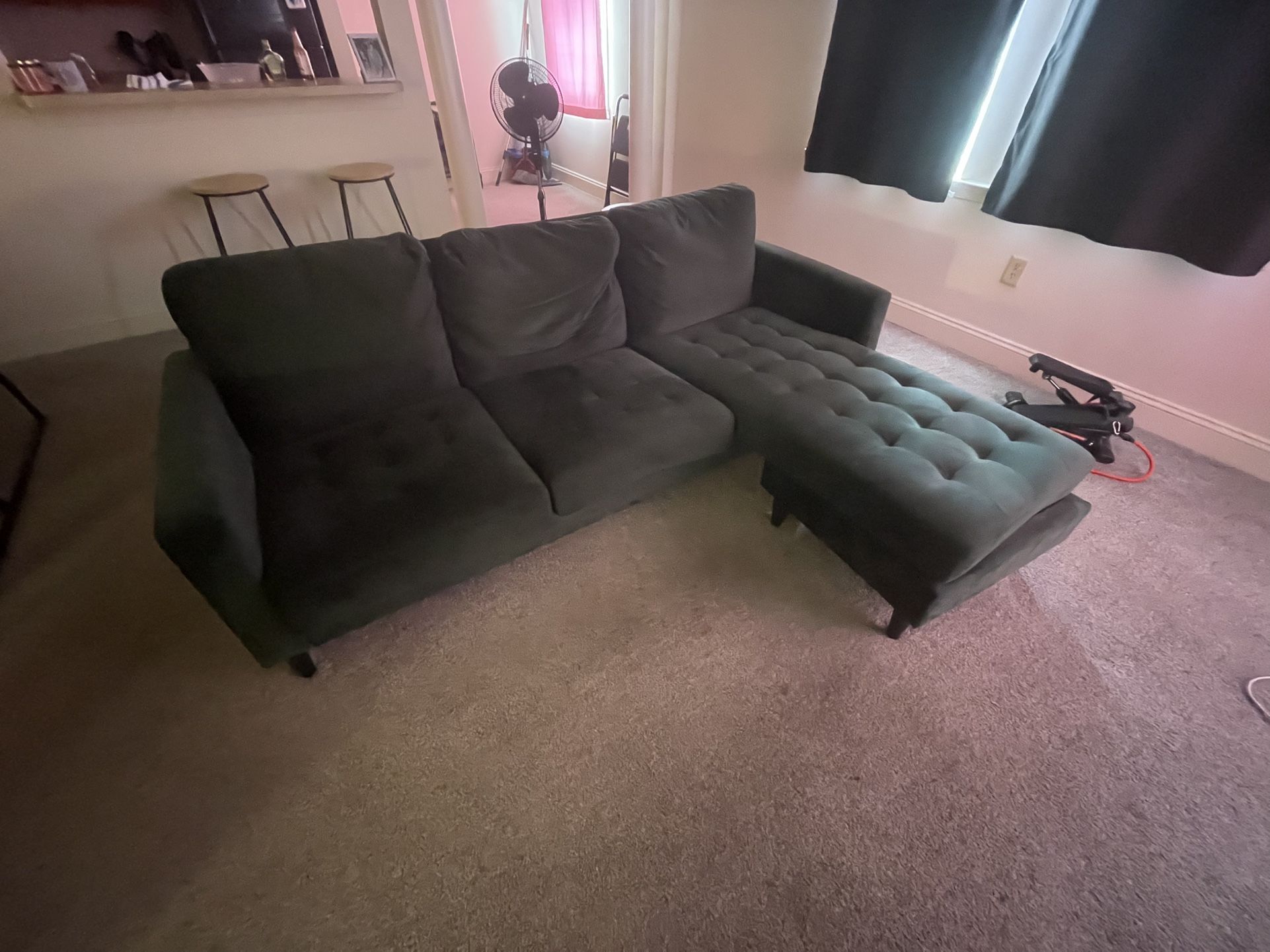 Green Velvet Sectional Sofa with Ottoman