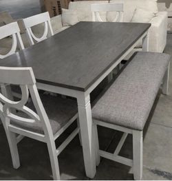 White 6 piece Dining Table Set- Table+4 Chairs + Bench
