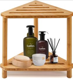 Bamboo Corner Shower Stool,2-Tier Waterproof Shower Stool for Inside Shower Shaving Leg,Small Spaces,Shower Foot Rest with Storage Shelf,Shower Bench,