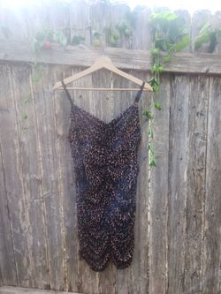 Vtg Y2K Forever 21 Leopard Print Dress 2XL Scalloped Lace Whimsigoth Witchy