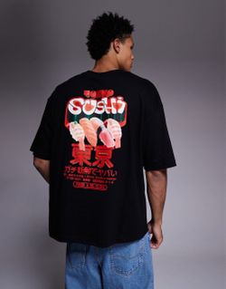 ASOS DESIGN Oversized T-Shirt With Sushi Graphic in Black (Medium)