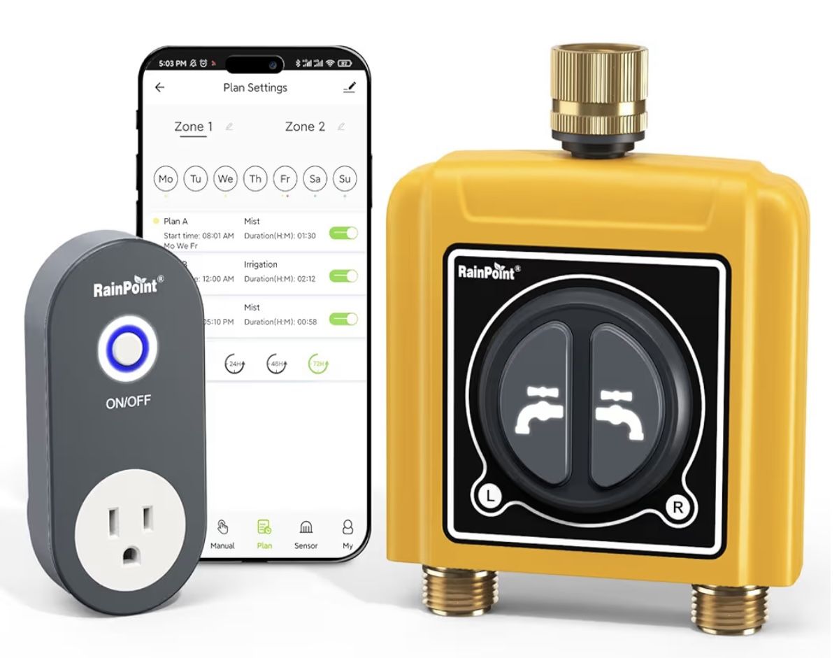 RAINPOINT WiFi Water Timer with Brass Inlet & Outlet,2 Zone WiFi Hose Timer for Lawn,WiFi Sprinkler Controller via APP/Voice Control,Automatic Waterin