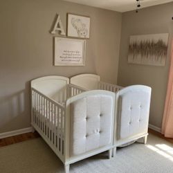 (2) Baby Relax Upholstered 3-in-1 Baby Cribs w/ Mattresses