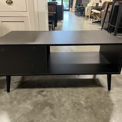 #051103 Yusong Modern Wood Coffee Table for Living Room, Retro Mid-Century Center Tables Cocktail Table with Storage Shelf for Reception, Black