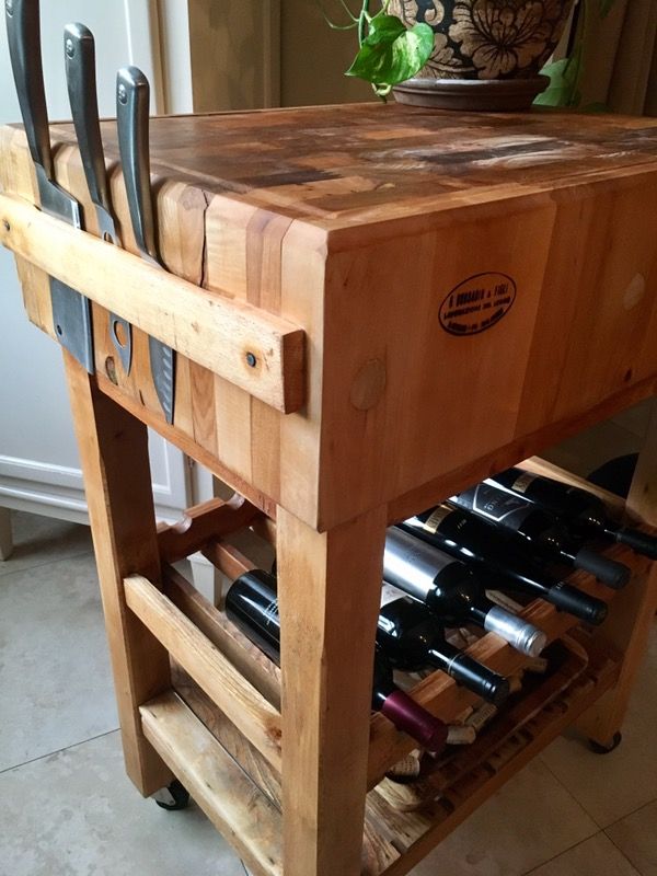 Antique Italian 8" thick Butcher Block and wine caddy