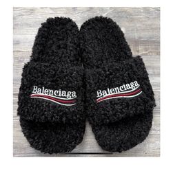 Balenciaga Furry Slide Men's Black Fur Lined Comfort Slippers US 8.5 Slip On