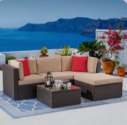 Patio Furniture 5 Pieces PE Wicker Outdoor Sectional Sofa Set With Ottoman