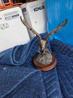 Bronze Eagle Sculpture on Wood Base