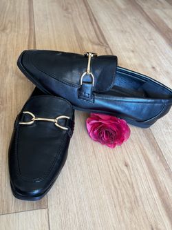 Black Leather Loafers with Gold Horsebit