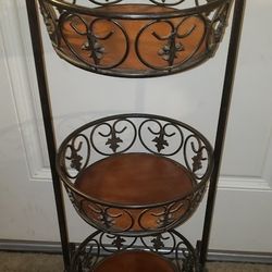 3-Tier Wrought Iron with Wooden Base Standing Storage Basket
