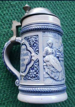 Beautiful Vintage German Beer Stein With Pewter Lid Ornate Nice!