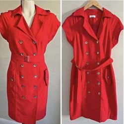 Calvin Klein Double Breasted Ferrari Red Shirt Dress with Bold Gold Buttons
