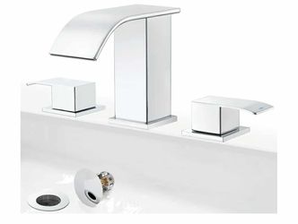 0640: New 8 Inch Waterfall Bathroom Faucets for Sink 3 Hole - Chrome Bathroom Faucet with Pop-up Drain, Widespread Bathroom Sink Faucet 2-Handles, Mod