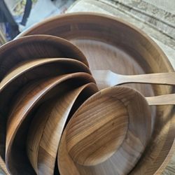 8 pc Rare SOLID BLACK WALNUT SALAD SERVING  SET,MADE IN USA, LIKE NEW