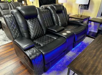 Power electric black leather fully reclining love seat