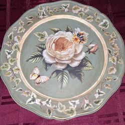 Handcrafted And Designed Metal Tray With Beautiful Yellow Roses, Butterfly, Bee, And Ivy Trim