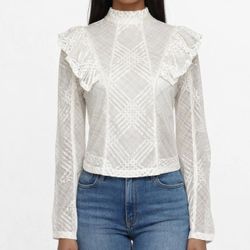 H&M Cream Lace Ruffle Blouse Mock Neck Long Sleeve Victorian Romantic Top Sz 10 