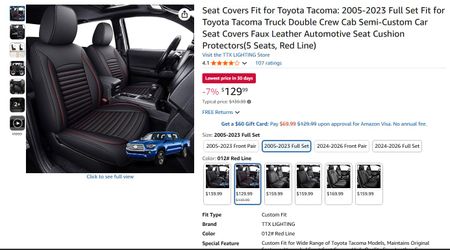 Toyota Tacoma Truck Double Crew Cab Custom Car Seat Covers PU Leather 2005-2023 Full Set Red Line