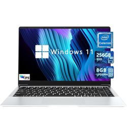 Laptop Computer,8G RAM 256GB SSD Laptop, Windows 11 Laptop, Intel Celeron Quad Core (Up to 2.7GHz) CPU, 14.1" FHD IPS, Webcam, 2.4G+5G WiFi, BT 5.0, M