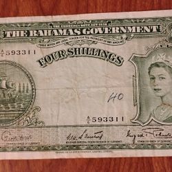 1953 Bahamas 4 Shillings Queen Elizabeth Large Bill Banknote Currency 