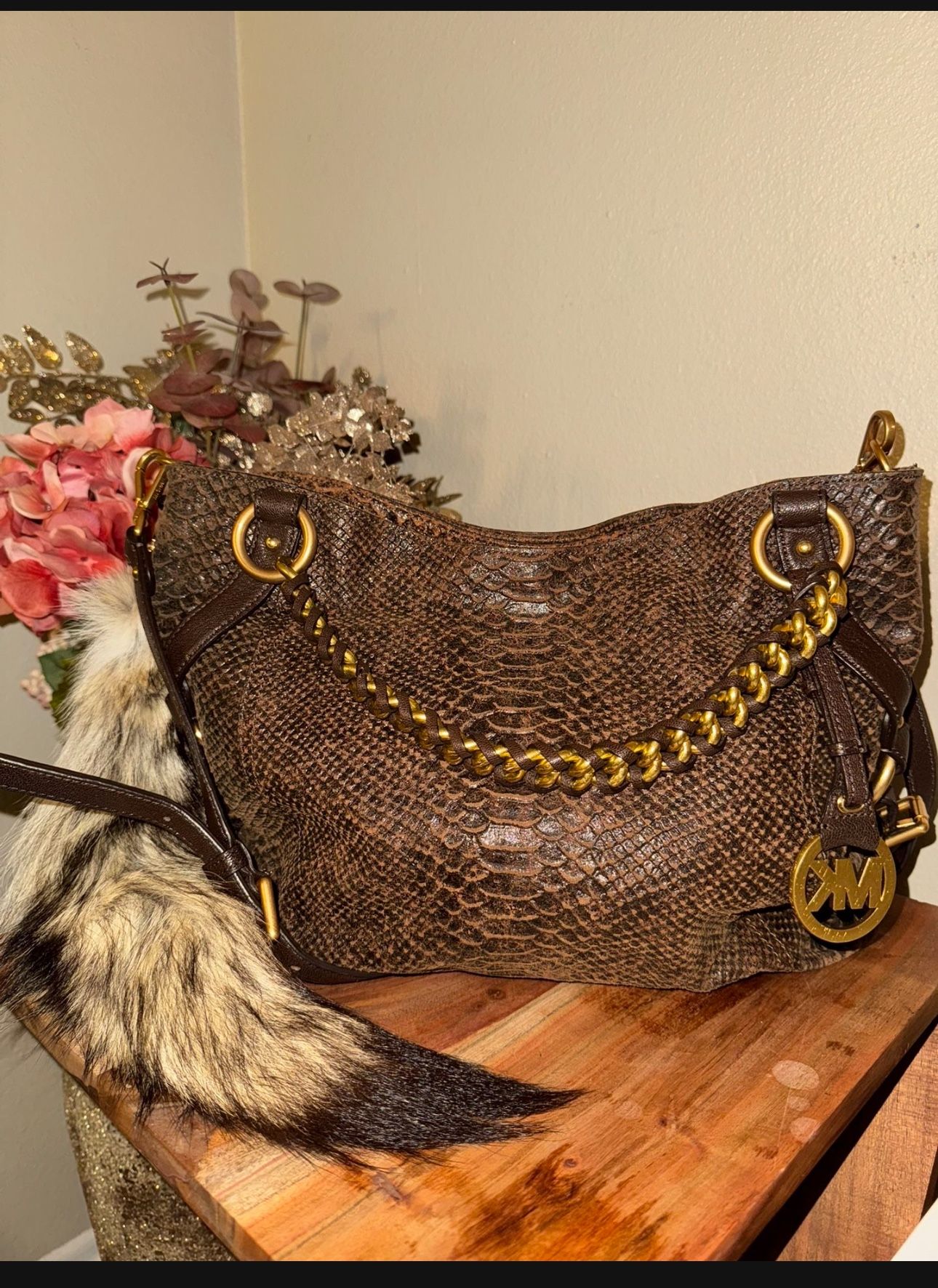 Michael Kors Tristan brown python-embossed leather satchel with a crossbody strap WITH wallet, And Fur Tail Accessory