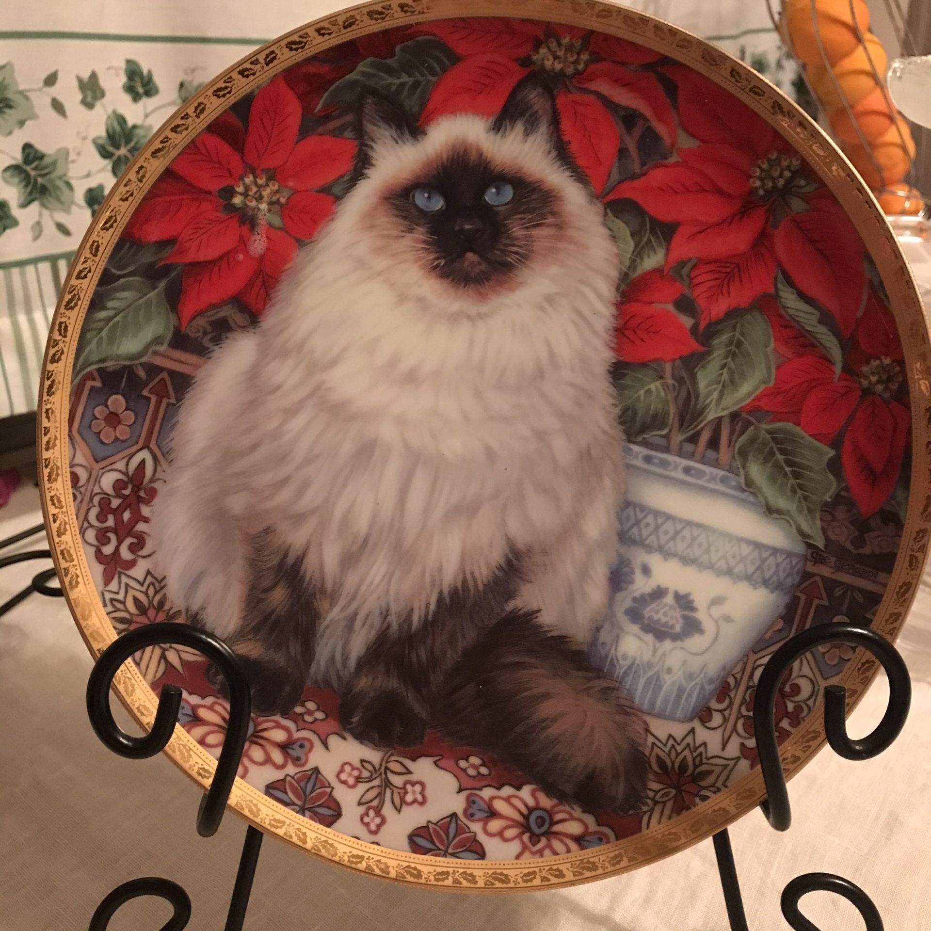 Vintage 1991 Collector's Plate, "Purrfect Poinsettias", The Hamilton Collection, Limited Edition, Christmas