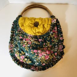 Vintage Floral Green Yellow Quilted Tote Bag Ruffle Purse.