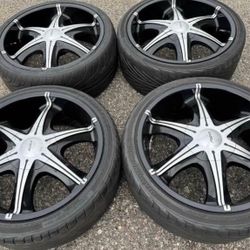 20” 5X115 5X120 Dodge Chevy Ford Chrysler Set Black Machined Rims Wheels Tires 5-Lug 