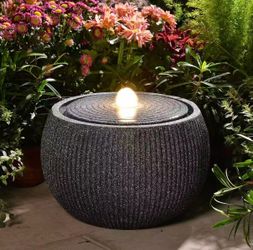 10.6" H Modern Round Outdoor Water Fountain with 3000K LED Lights, Minimalist Sphere Garden Waterfall with Soothing 55dB Sound for Patio, Deck, Porch,