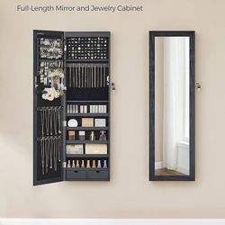 New Lockable Jewelry Cabinet, Wall or Door Mountable, with 6 LED Lights and Mirror, for Organization
