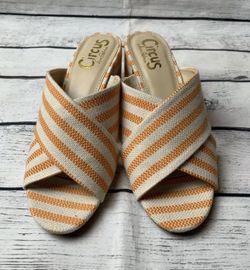 Circus by Sam Edelman Women's Stevie Heeled Sandal, Orange/Ivory Seafarer Canvas- size 8