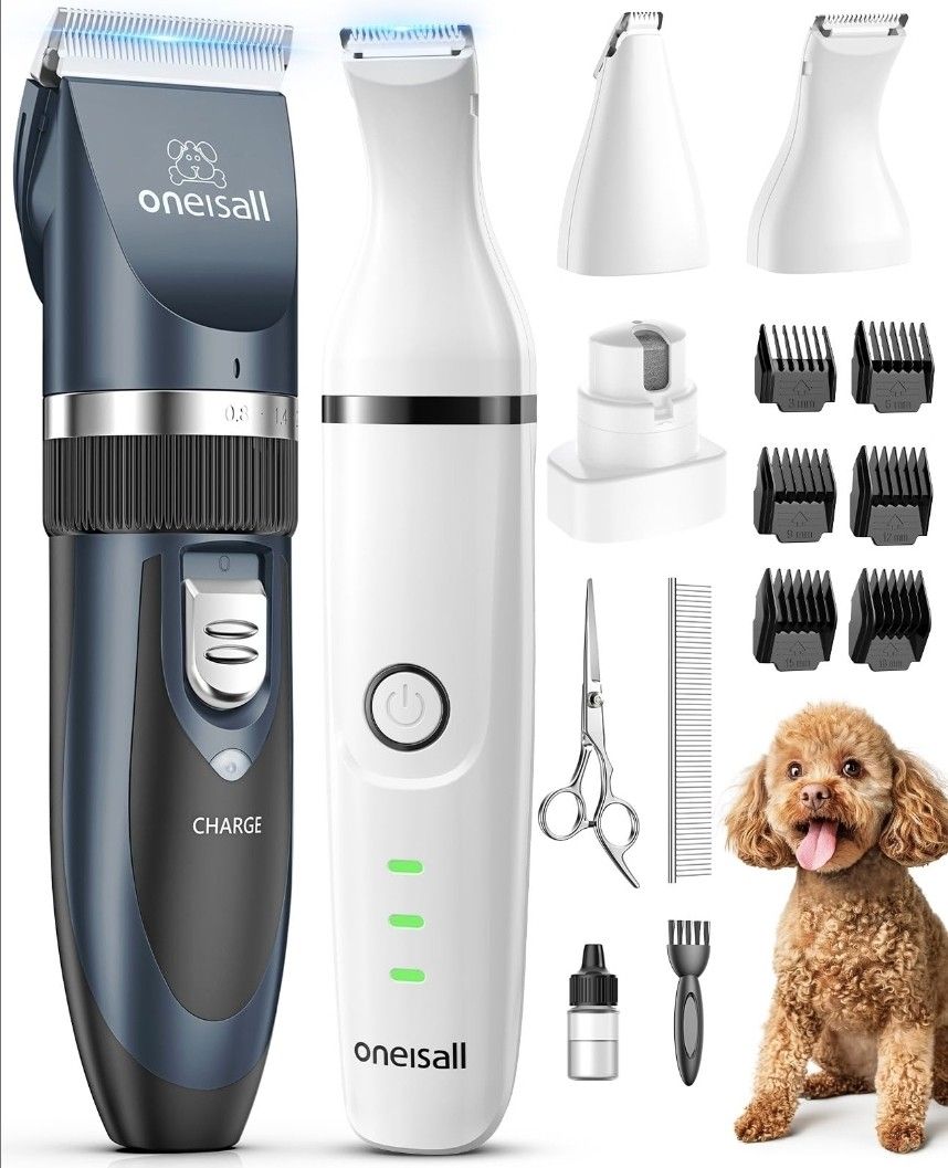 oneisall Dog Clippers and Dog Paw Trimmer Kit 2 in 1 Low Noise Cordless Dog Clippers for Grooming Pet Hair Trimmers for Small and Large Dogs Cats Anim