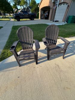 Outdoor porch patio pair of Navy Blue Plastic Adirondack Chairs with Cup and Phone Holders