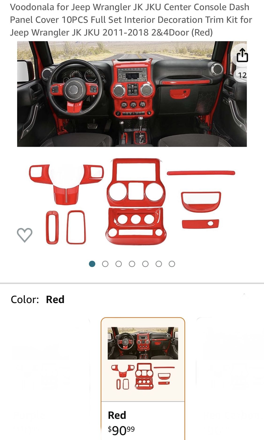 Jeep Wrangler JK JKU Center Console Dash Panel Cover 10PCS Full Set Interior Decoration Trim Kit for Jeep Wrangler JK JKU 2011-2018 2&4Door (Red)