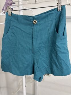 House of Harlow 1960 Teal Linen Blend High Waisted Shorts Gold Button Small NWOT