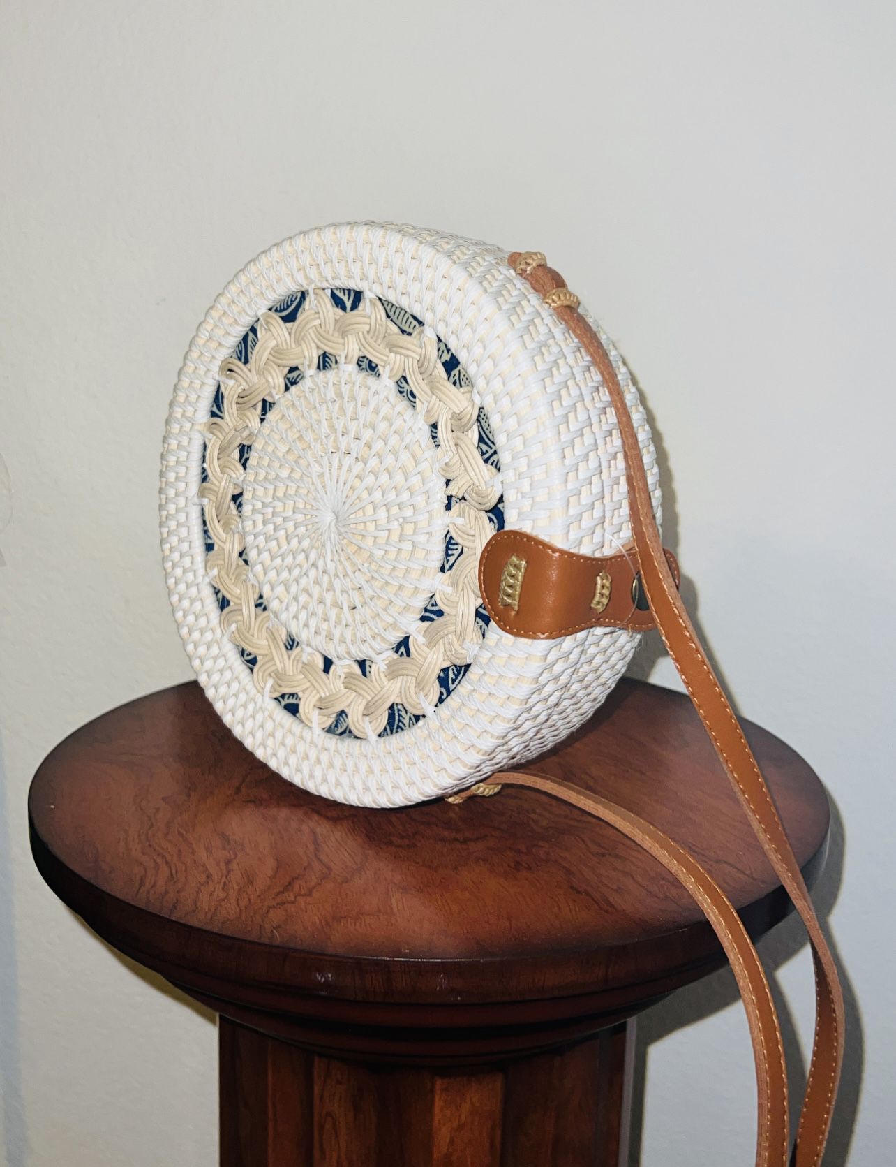 White & Brown Round Hand Woven Rattan Bag (Made in the Philippines) 
