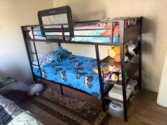 Black Metal Twin Bunk Bed with Shelves