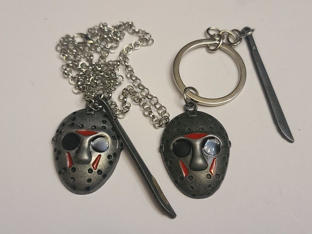 Friday The 13th JASON'S MASK W/Machete Metal Pendant W/ 20" Chain / Keychain