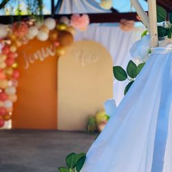 Greenery Garland, gold baskets, and garland roses used for baby shower
