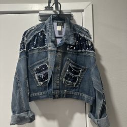 Cropped Denim Jacket with Sequin Accents 