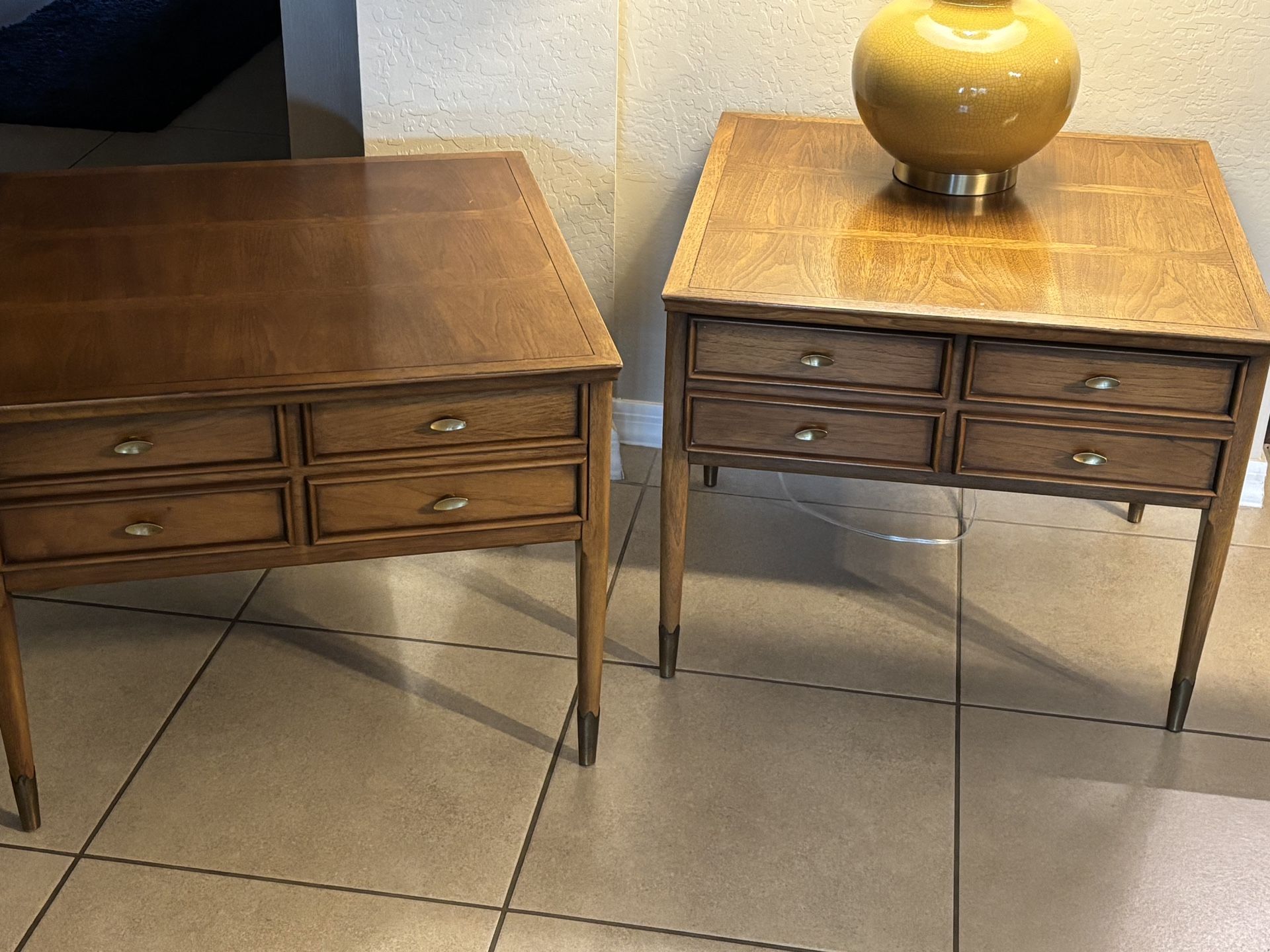 Mid-Century Modern 1960s  Sculpted Walnut End Side Tables Wood Inlay Brass Feet