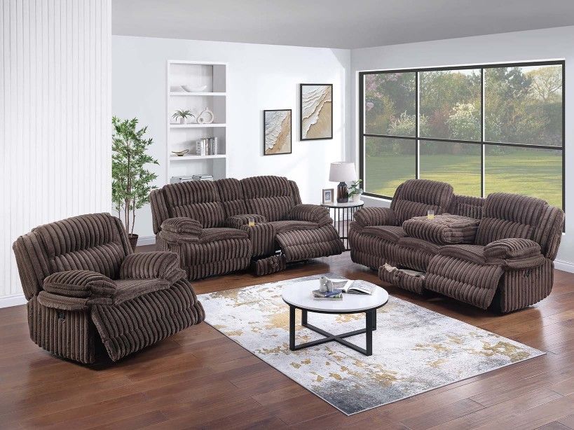 ✅️✅️2 pc chocolate wide welt corduroy sofa with drop down tray and love seat with cup console with recliners on the ends✅️