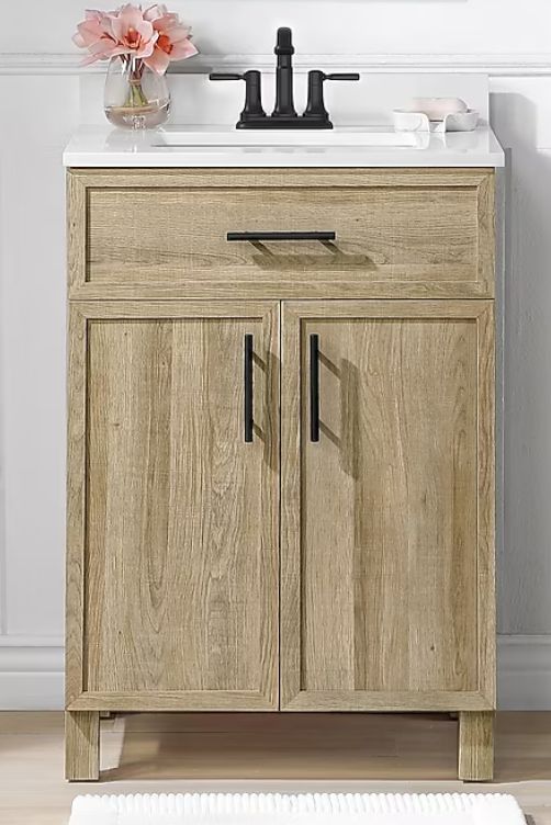 A000262A Style Selections Dolton 24-in Light Natural Oak Undermount Single Sink Bathroom Vanity with White Engineered Marble Top " Broken Countertop"