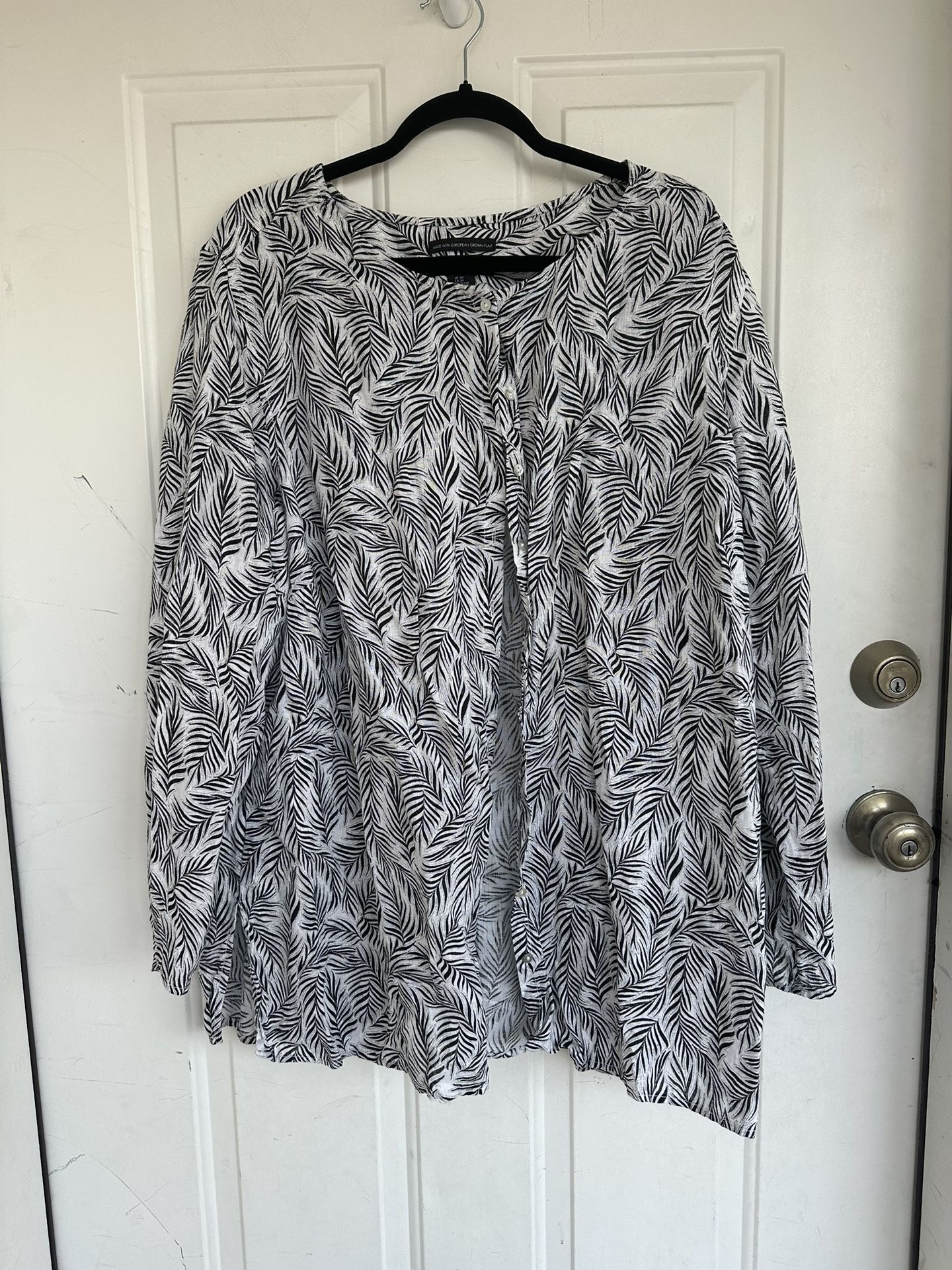 Tahari 100% Linen Roll Tab Sleeve Blouse Top Women Size 3X Black Ivory