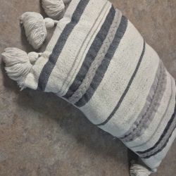 neutral-colored striped decorative throw pillow with tassels