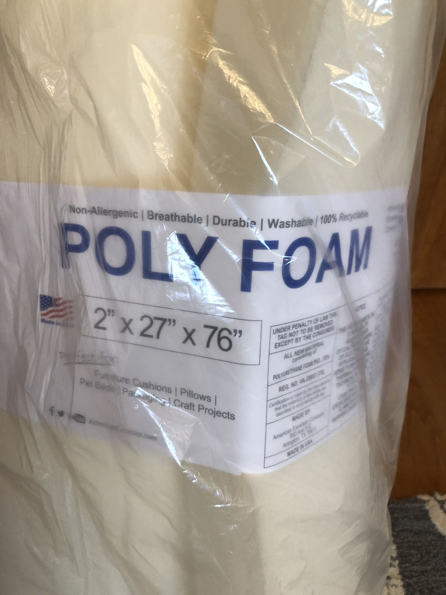 Furniture Foam 2” X 27” X 76”
