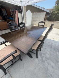 Dark Wood Dining  Trestle Table with 6 Chairs