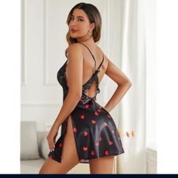 Women Satin Nightgown Lace Babydoll Silk Sleepwear Mini Nightdress Side Slit