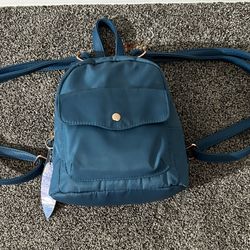 One Navy Blue Mini Backpack With Copper Colored Zipper And Buttons