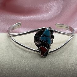 Navajo Sterling Silver Turquoise & Coral Cuff Bracelet 